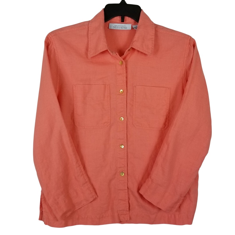 Evelyn & Arthur Coral Pink 100% Linen Button Down Shirt Womens Medium Pockets‎